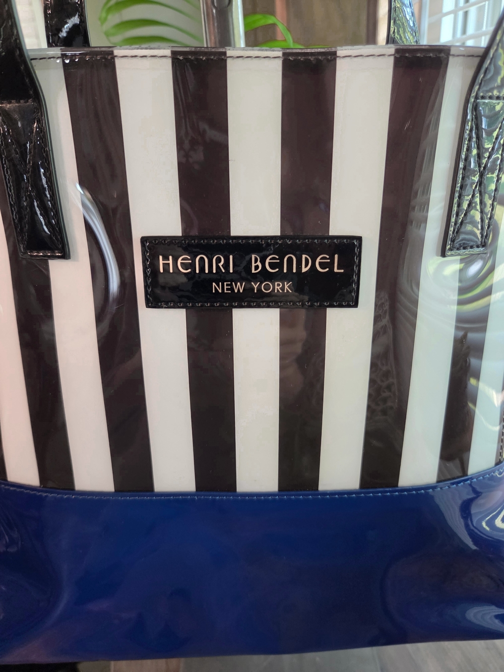NWOT Henri Bendel New York Striped PVC Tote Bag Black Blue White Medium - Picture 2 of 5
